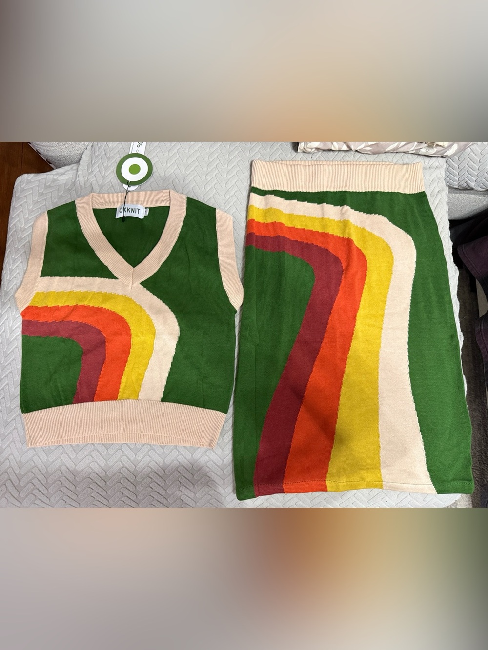 OXKNIT Retro Green Two-Piece Knit Set with Rainbow Stripes- size small NWT